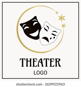 Retro theater logo, theater mask, tragedy mask, comedy mask, theater, logo, sign, gold, stars, actors, art