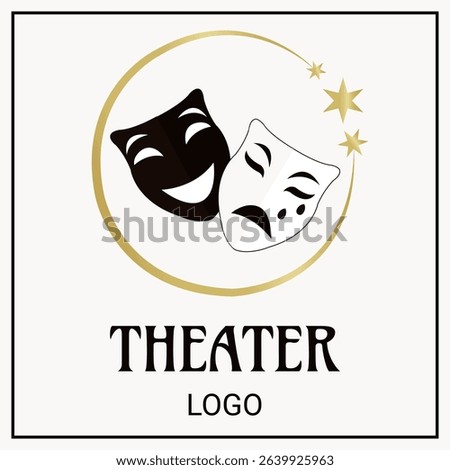 Retro theater logo, theater mask, tragedy mask, comedy mask, theater, logo, sign, gold, stars, actors, art