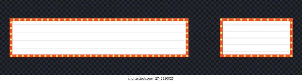 Retro theater marquee and cinema light box sign board set. Blank outdoor movie signage with glowing bulbs for message display. Vector Illustration.