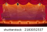 Retro theater stage with red curtains, spotlights and decoration with sacks. Vector cartoon illustration of theatre interior, empty scene with wooden stage and velvet drapes