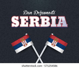 Retro Theme Serbian Greeting Card, Vector Background, Badges Template - English "Statehood Day, Republic of Serbia"