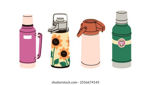 Retro thermos set. Insulated vacuum bottles for hot beverages, tea. Vintage style thermal flasks, termo vessels for camping, hiking, travel. Flat vector illustration isolated on white background