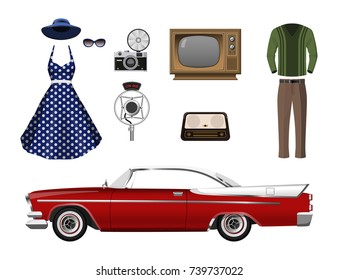 Retro Things. Set Of Vintage Objects On White Background. Old Fashion 60's. Icons Of Cars, Clothes And Electronics. Vector Illustration