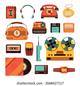 Conjunto de tecnología de cosas retro de iconos aislados con auriculares de disco de teléfono de radio y cassette con ilustración vectorial de vinilo