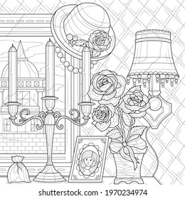 
Retro things.Painting, candles and bouque of roses.Coloring book antistress for children and adults. Illustration isolated on white background.Zen-tangle style. Hand draw