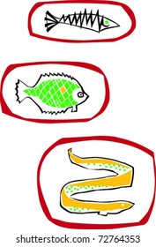 Retro Three Individual Tropical Fish on Platters Vector Illustration