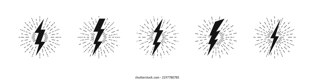 Retro-Donnerbolzen mit Sonnenbrand. Blitzschlag schlägt mit Bersten. Die Retro-Energie brach aus. Blitzschlag und Sonnenbrand. Vektorgrafik EPS10