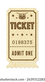 Retro ticket admit one. Vintage ticket isolated on transparent background. Design template for concert event, musical performance, exhibition, show