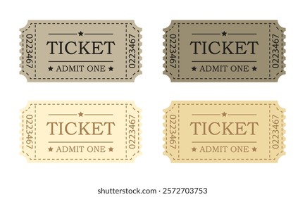 Retro ticket design set template isolated on white background. Admit one. Tickets for cinema, movie, circus, carnival, film, festival, etc. Vector illustration.