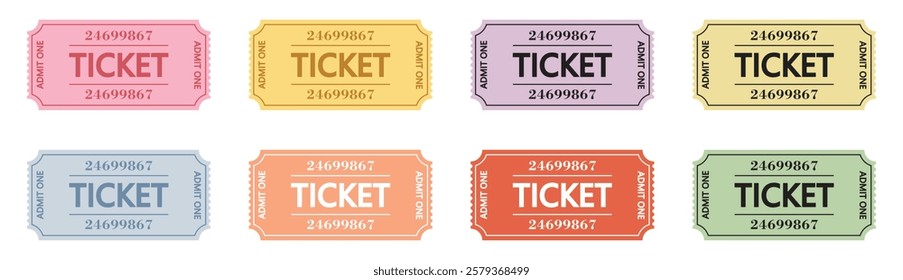 Retro ticket design set template isolated on white background. Admit one. Tickets for cinema, movie, circus, carnival, film, festival, etc. Vector illustration.