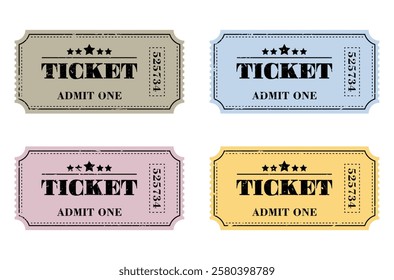 Retro ticket design set template isolated on white background. Admit one. Tickets for cinema, movie, circus, carnival, film, festival, etc. Vector illustration.