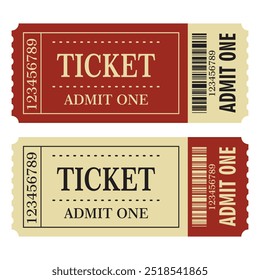 Retro ticket design template. Admit one. Tickets for cinema, movie, circus, carnival, film, festival, etc. Vector illustration. Red ticket.