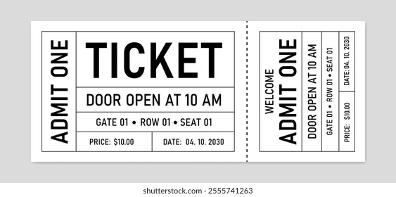 Retro ticket design template. Ticket admit one. Ticket for cinema, concert, movie, play, party, event, circus, carnival, film, festival, pass etc.