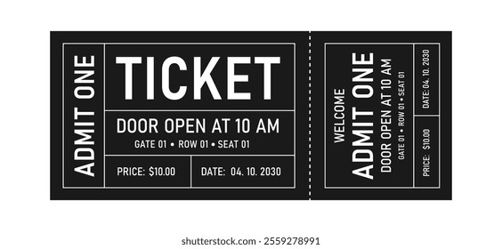 Retro ticket design template. Ticket admit one. Ticket for cinema, concert, movie, play, party, event, circus, carnival, film, festival, pass etc.