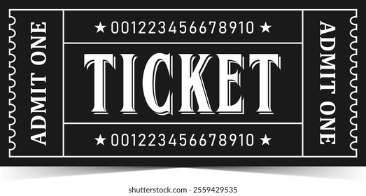 Retro ticket design template. Old style black and white ticket. Ticket for cinema, movie, circus, carnival, film, festival,