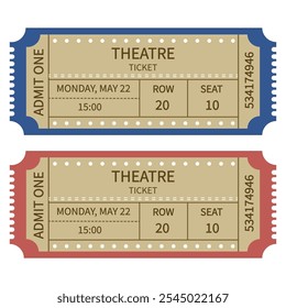 Retro ticket design template on red and blue background. Admit one. Tickets for theatre, festival, cinema, party and etc. Vector illustration.