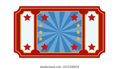 Retro ticket for entrance to carnival, circus, cinema, theater, casino, club. Vintage coupon or lottery ticket in flat style. Blue, red, gold, yellow colors. Vector illustration.