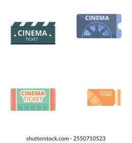 Retro ticket icons set cartoon vector. Four various cinema ticket. Entertainment concept