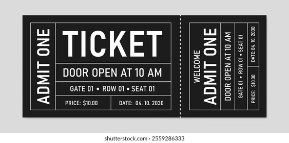 Retro ticket isolated. Classic admit one event ticket with detailed layout. Cinema, theater, concert, play, party, event, festival, coupon