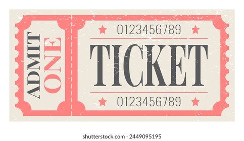 Retro ticket with scuffed texture. Classic vintage style. Classic vintage ticket for cinema, circus, theatre, movies parties and other events. Vector illustration.