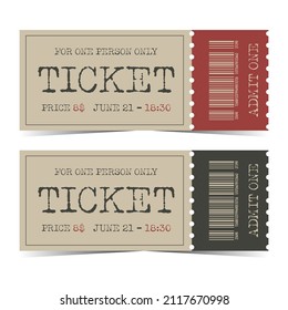 Retro ticket template with barcode and detachable part. Vintage ticket design vector illustration in flat style. Tear-off ticket with shabby text. Paper ticket for theatre, cinema or concert.