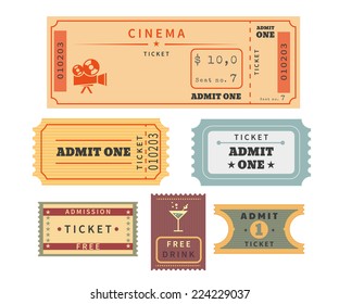 Retro Ticket Template Set. Template Vector Illustration Of Cinema Ticket Stub And Other Events Admission. Old Paper Stub Isolated On White Background