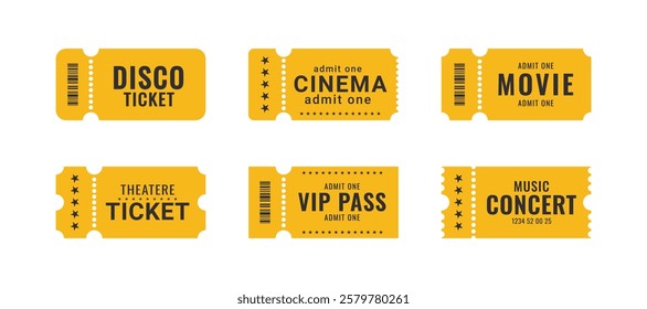 Retro Ticket templates cinema, disco, concert, movie, pass. Vintage paper admit one and ticket samples icon. Tickets on white background