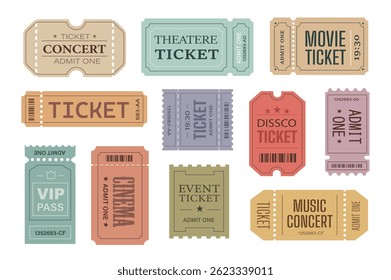 Retro ticket templates set in flat graphic design. Collection isolated elements of vip pass, access badges to concert, theatre, movie, disco, cinema, music festival show, other. Vector illustration.