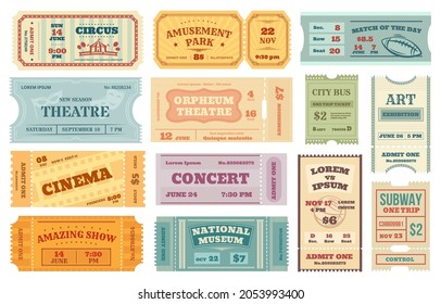 Retro tickets to cinema, vintage movie, concert or theater ticket. Old paper admission coupon, invitation card for event, travel pass vector set. Amusement park, national museum entrance