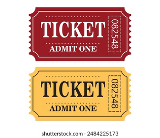 Retro tickets design template. Red and Yellow tickets. Admit one. Tickets for cinema, movie, circus, carnival, film, festival, etc. Vector illustration.