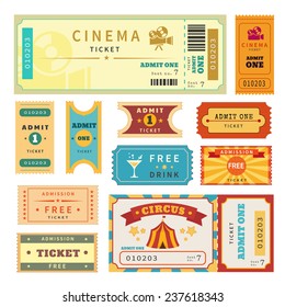Retro tickets set. Temlate vector illustration for cinema admission ticket and other events such as circus, movie, theater, party and concert. 