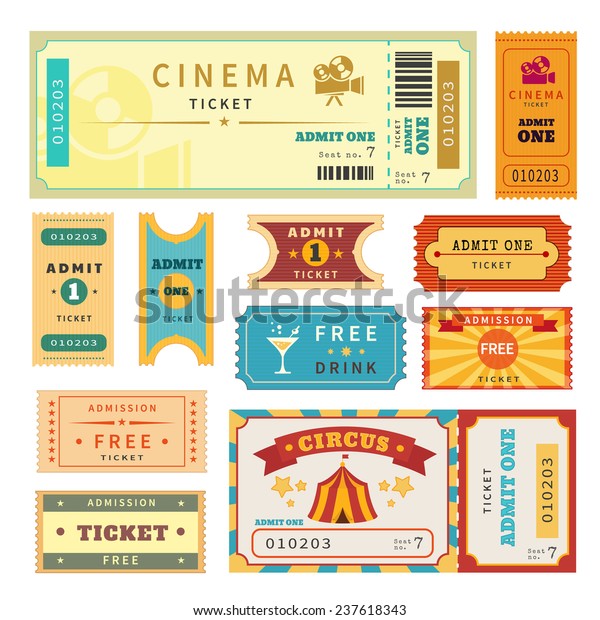 Retro tickets set. Temlate vector illustration\
for cinema admission ticket and other events such as circus, movie,\
theater, party and concert.\
