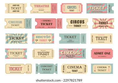 Retro tickets set. Vintage cinema, circus, concert, theatre,  movie, cruise and other events coupons. 