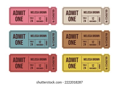 Retro tickets. Vintage cinema ticket concert and festival event, movie theater coupon. Circus show, raffle paper voucher carnival invite or train ticketing vector set