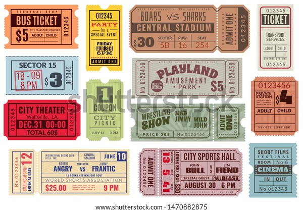Retro tickets. Vintage\
cinema ticket concert and festival event, movie theater coupon.\
Circus show, raffle paper voucher carnival invite or train\
ticketing vector set