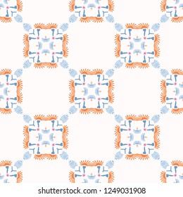 Retro Tile Floral Mosaic Seamless Vector Pattern. Colorful Geometric Grid Flowers Allover Print. Vintage 1970s Style Fashion Backdrop. Trendy for Vintage Stationery, Floral Packaging, Kitchen Ware