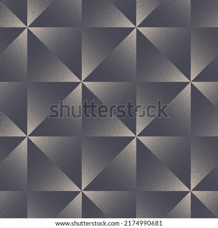 Retro Tile Geometric Strict Seamless Pattern Vector Grainy Texture Abstract Background. Square Triangle Rhombus Shapes Consistent Structure Repetitive Grey Wallpaper. Halftone Graphic Art Illustration