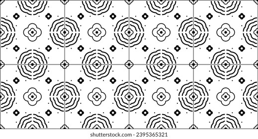 Retro Tiles design. four petals flowers. Seamless pattern in black and white color, Tiles geometric repeat background, line vector.