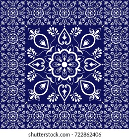 Retro tiles floor. Flowers pattern vector with ceramic texture. Big tile in center is framed. Background with portuguese azulejo, mexican talavera, spanish, italian majolica, delft dutch motifs.