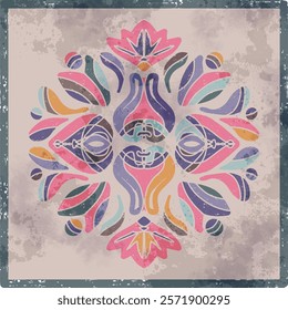 Retro tiles Scandinavian style, rustic motif, stylized floral folk art. Colorful vintage mandala style pattern with aged effect