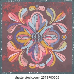 Retro tiles Scandinavian style, rustic motif, stylized floral folk art. Colorful vintage mandala style pattern with aged effect