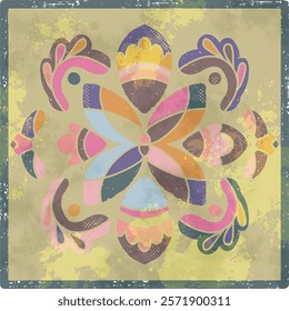 Retro tiles Scandinavian style, rustic motif, stylized floral folk art. Colorful vintage mandala style pattern with aged effect