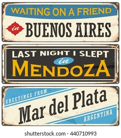 Retro tin sign collection with Argentina cities. Metal plates collection.