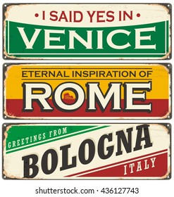 Retro tin sign collection with cities in Italy. Vintage vector souvenir sign or postcard templates. Travel theme. 
