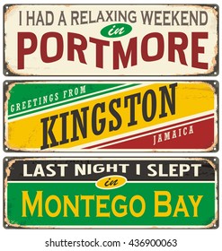 Retro tin sign collection with cities in Jamaica. Vintage vector souvenir or postcard templates. Travel theme.  Kingston, Montego Bay and Portmore. svg