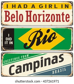 Retro tin sign collection with cities in Brazil. Vintage vector souvenir sign or postcard templates with travel theme. Places to visit and remember.