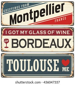 Retro tin sign collection with French cities. Vintage vector souvenir sign or postcard templates. Travel theme. 