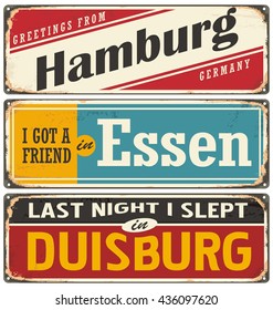 Retro tin sign collection with German cities. Vintage vector souvenir sign or postcard templates