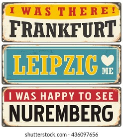 Retro tin sign collection with German cities. Vintage vector souvenir sign or postcard templates