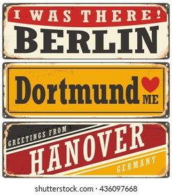 Retro tin sign collection with German cities. Vintage vector souvenir sign or postcard templates